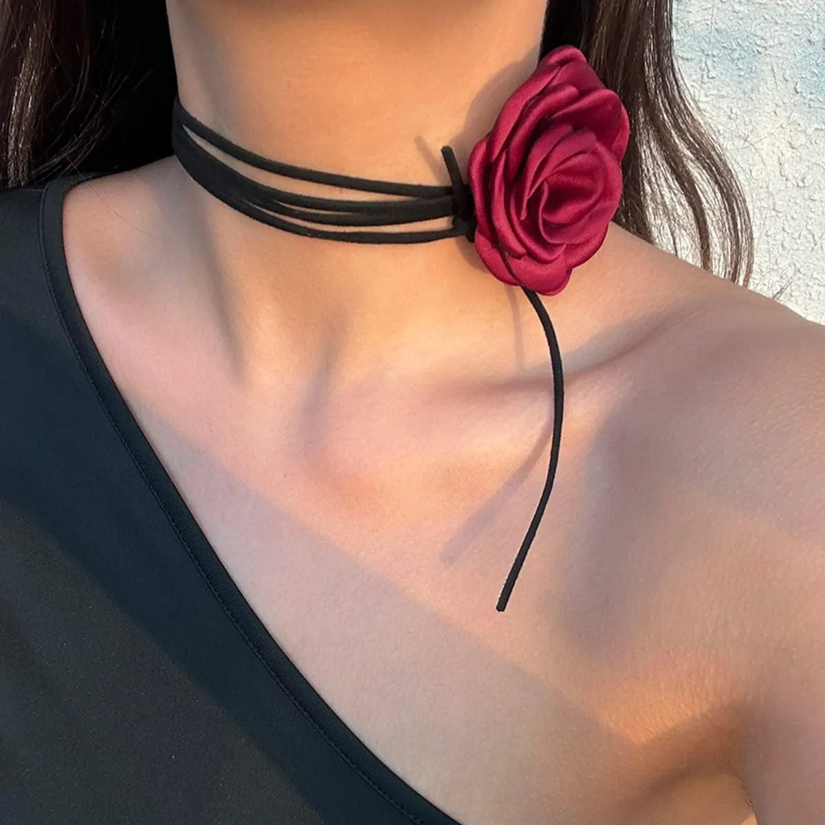 Rose Black Velvet Floral Choker Necklace - Camellia Daisy Rosette - Spring Summer Flower Jewelry