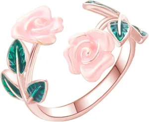 Rose Flower Ring, Stackable Band Ring for Women Girls, Platinum Silver/Gold/Rose Gold Rings Adjustable Moissanite Rings for Women