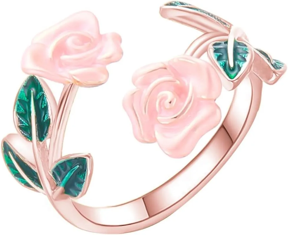 Rose Flower Ring, Stackable Band Ring for Women Girls, Platinum Silver/Gold/Rose Gold Rings Adjustable Moissanite Rings for Women