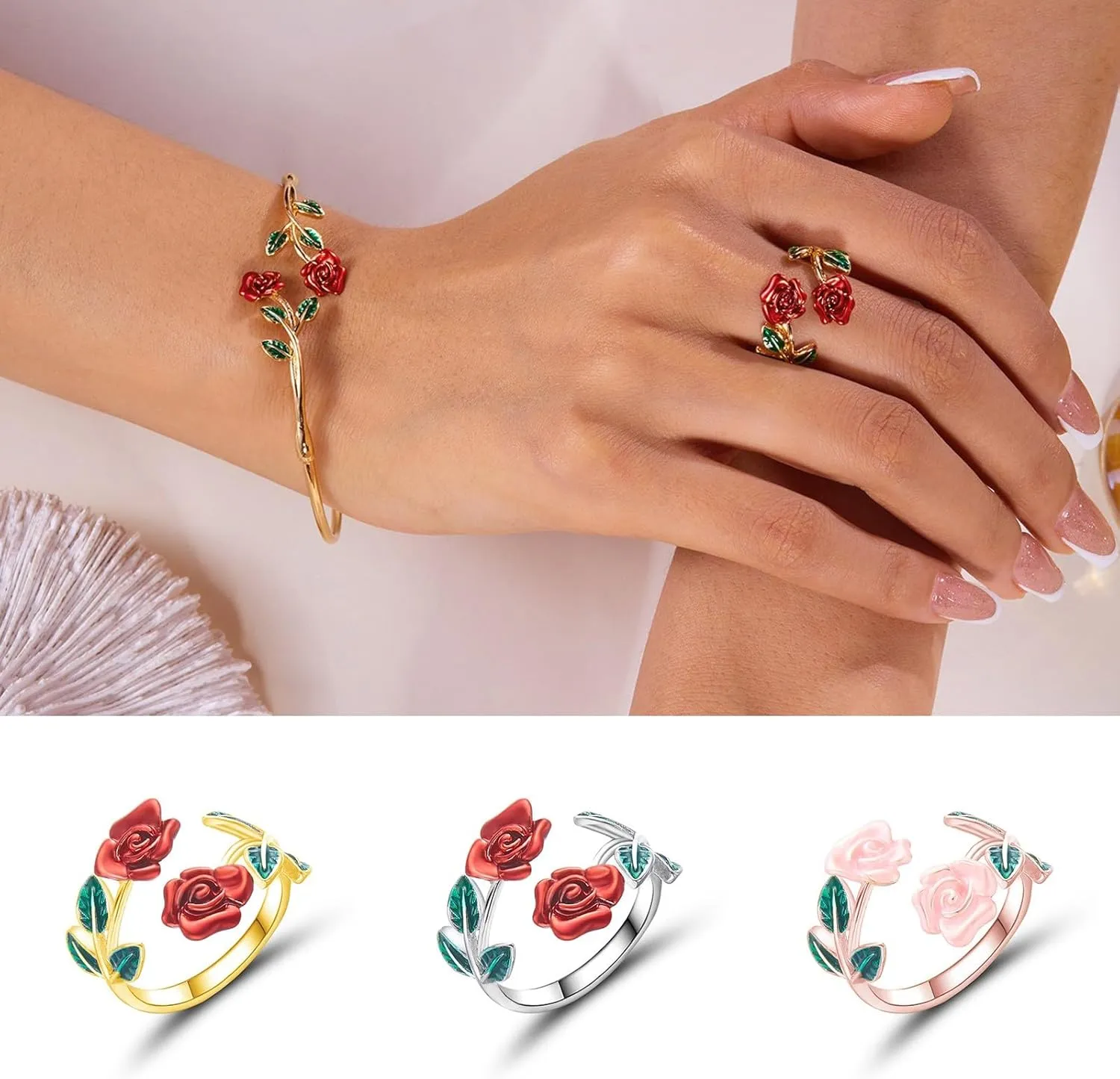Rose Flower Ring, Stackable Band Ring for Women Girls, Platinum Silver/Gold/Rose Gold Rings Adjustable Moissanite Rings for Women