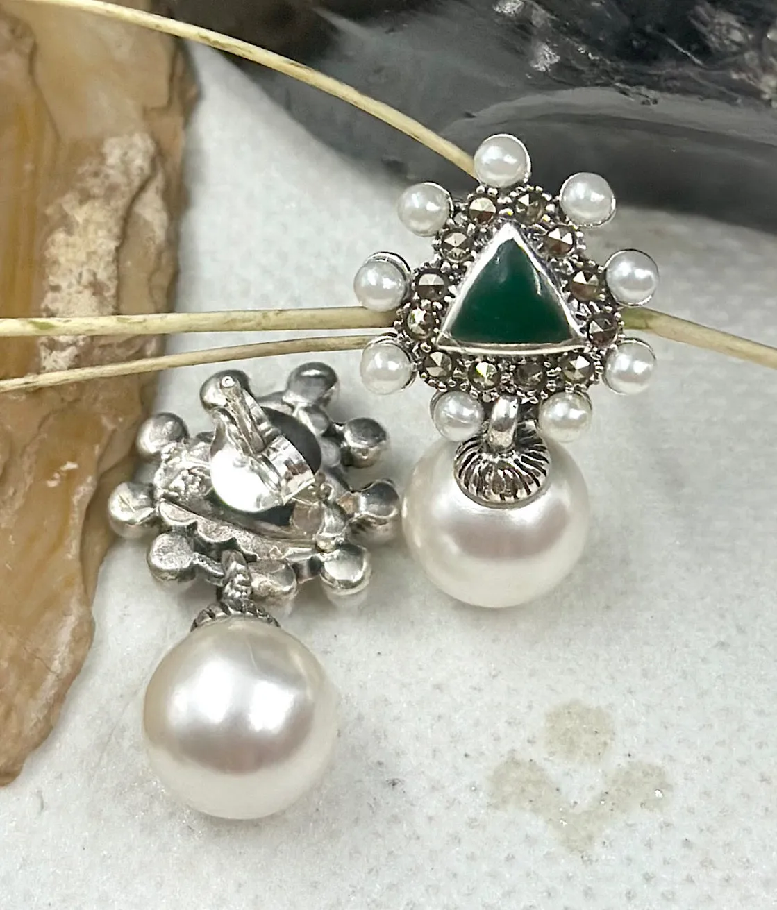 The Silver Pearl & Marcasite Earrings (Green)
