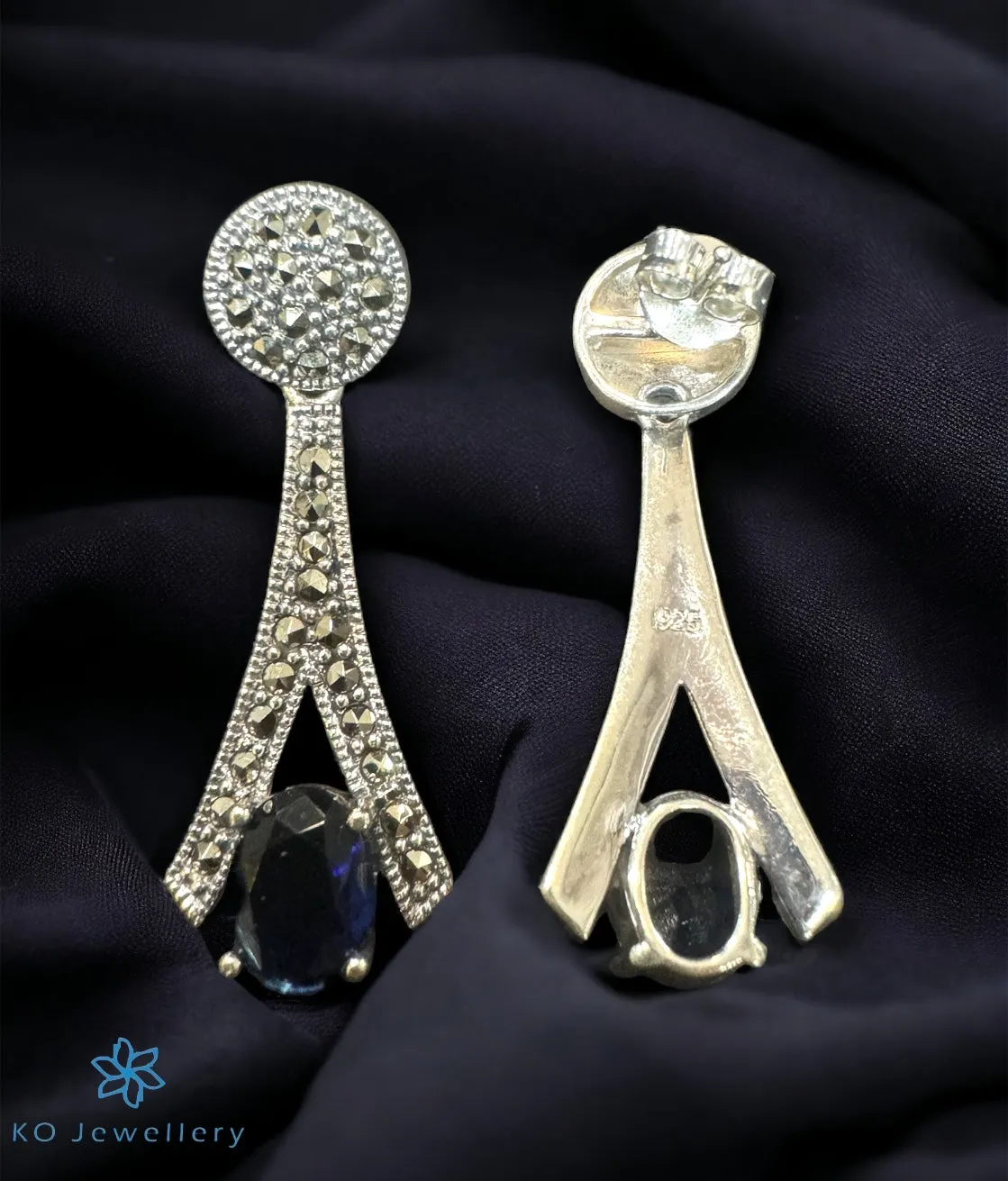 The Trillion Silver Marcasite Cocktail Earrings (Blue)