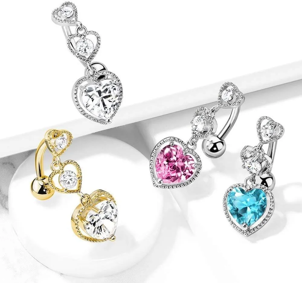 Triple Heart Vertical Drop with Large Heart CZ Bottom Heart Top Drop Surgical Steel Belly Button Rings