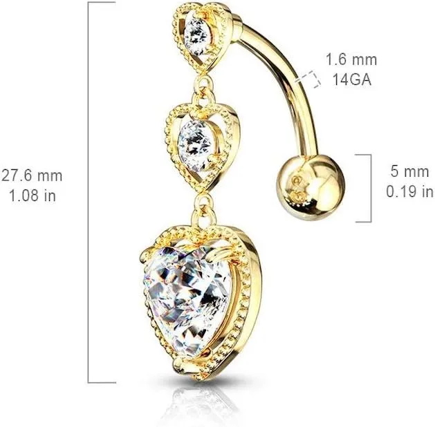 Triple Heart Vertical Drop with Large Heart CZ Bottom Heart Top Drop Surgical Steel Belly Button Rings