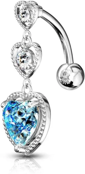 Triple Heart Vertical Drop with Large Heart CZ Bottom Heart Top Drop Surgical Steel Belly Button Rings