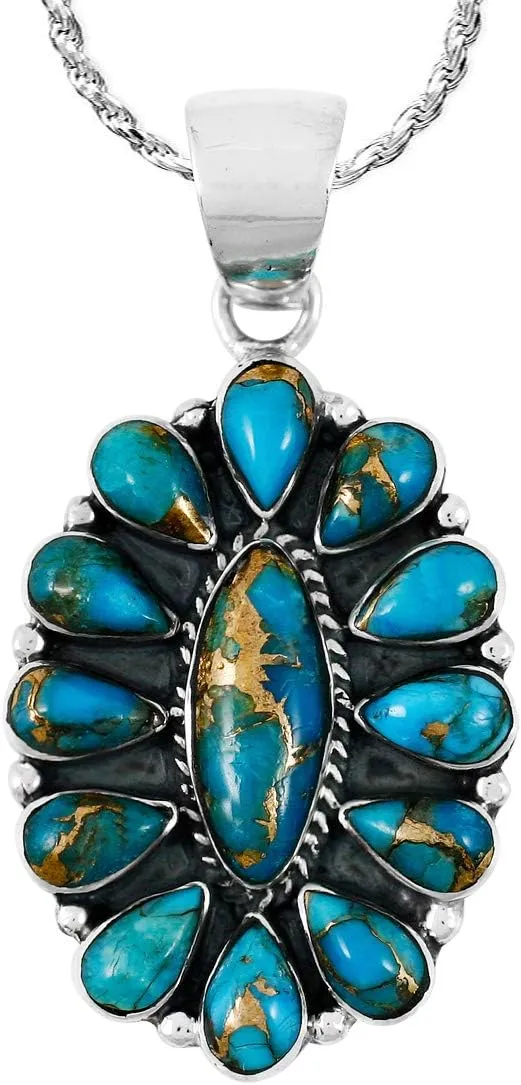 Turquoise Necklace 925 Sterling Silver & Genuine Gemstones Pendant 20"