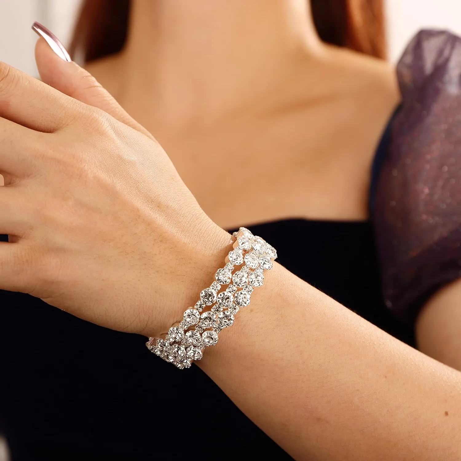 YERTTER Wedding Silver Pearl Rhinestone Multi Layered Stretch Wrap Bracelet 1920s Vintage Strand Layered Bracelet Gift for Women Brides